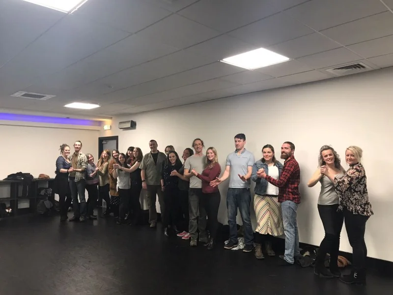 Hen party group learning a Strictly ballroom and Latin routine at a class in Exeter